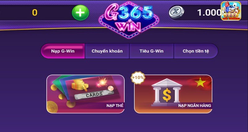 Nạp tiền nhanh chóng tại cổng game bài G365 Club 